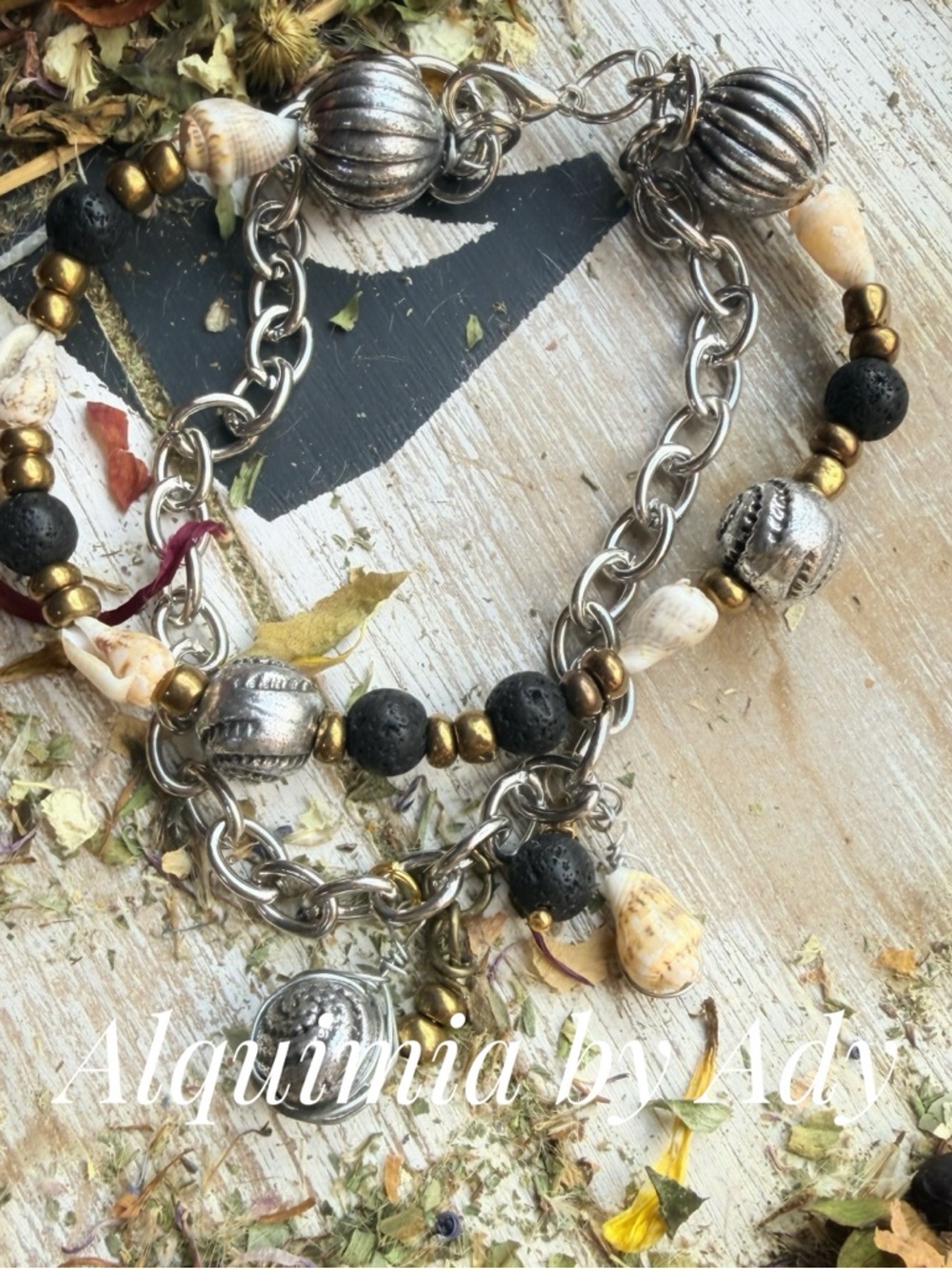 SHELLS BURST + Black lava 8mm  LAYERED beaded bracelet